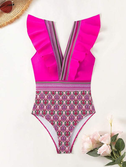 Swimwear - Paisley One-Piece Tummy Control Bathing Suit Cap Sleeve Swimwear