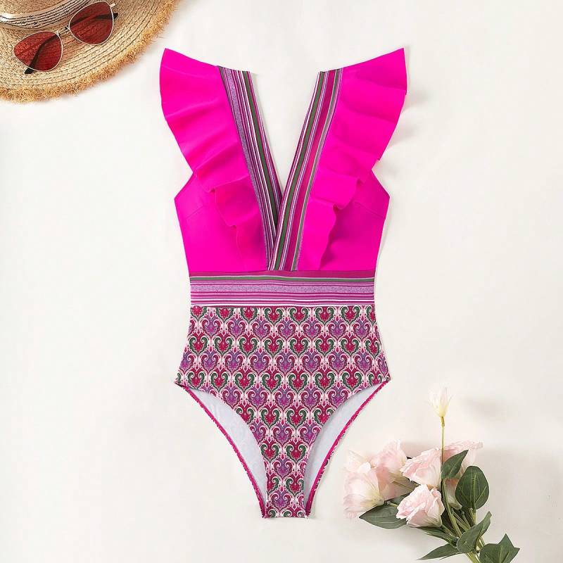 Swimwear - Paisley One-Piece Tummy Control Bathing Suit Cap Sleeve Swimwear