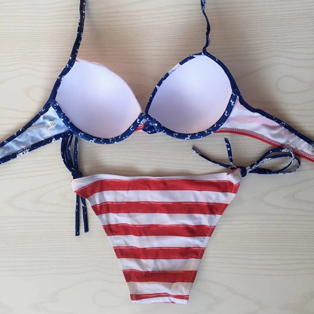 Swimwear- Patriotic Two-Piece Underwire Perfect for Summer Days - American Flag Swimwear- - Chuzko Women Clothing