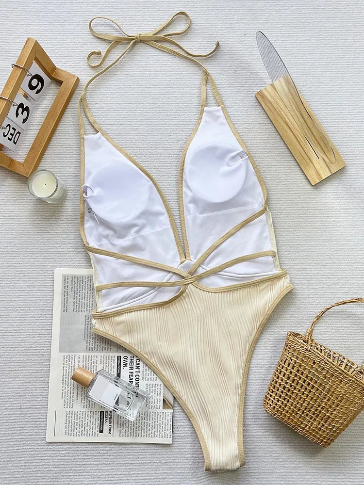 Swimwear - Plunge One-Piece Swimwear Gold-Trimmed Bathing Suit