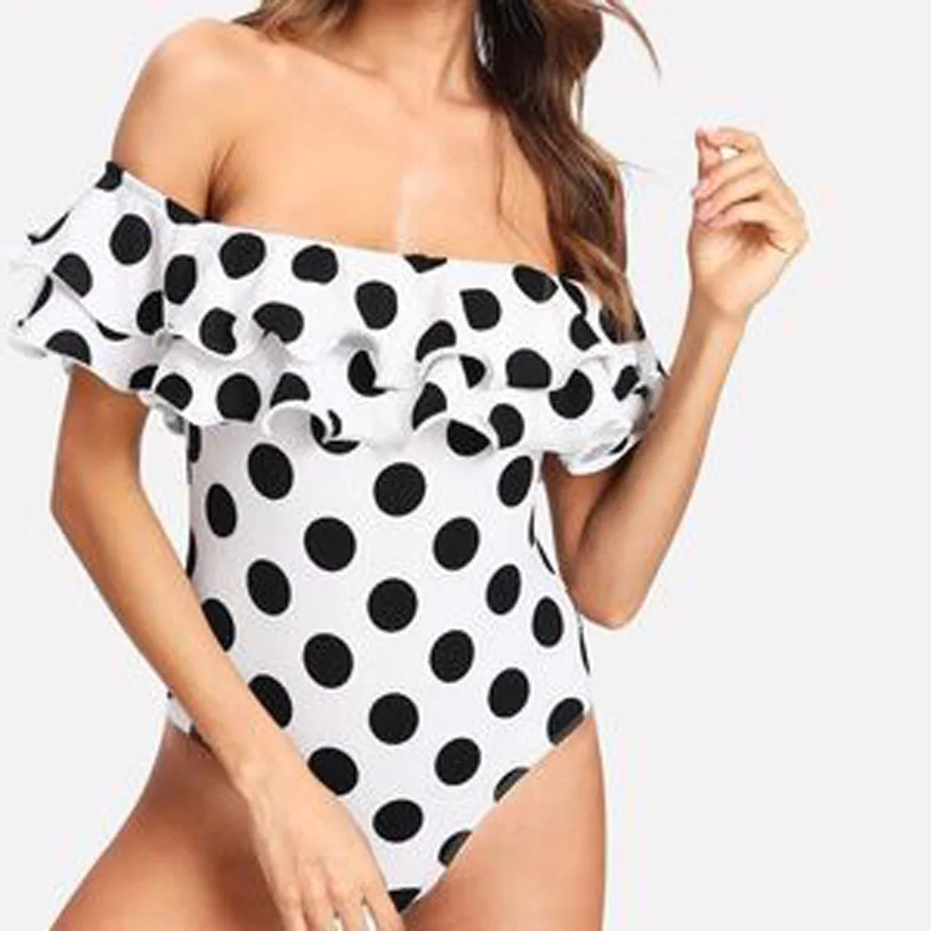 Swimwear- Polka Dot Ruffled Off-Shoulder One-Piece Swimwear Beachwear- - Pekosa Women Fashion