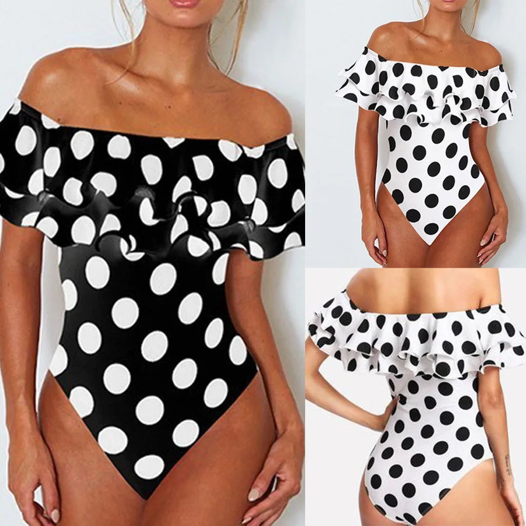 Swimwear- Polka Dot Ruffled Off-Shoulder One-Piece Swimwear Beachwear- - Pekosa Women Fashion