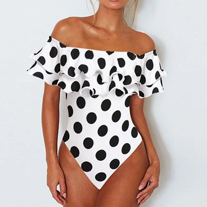 Swimwear- Polka Dot Ruffled Off-Shoulder One-Piece Swimwear Beachwear- - Pekosa Women Fashion