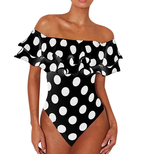 Swimwear- Polka Dot Ruffled Off-Shoulder One-Piece Swimwear Beachwear- - Pekosa Women Fashion