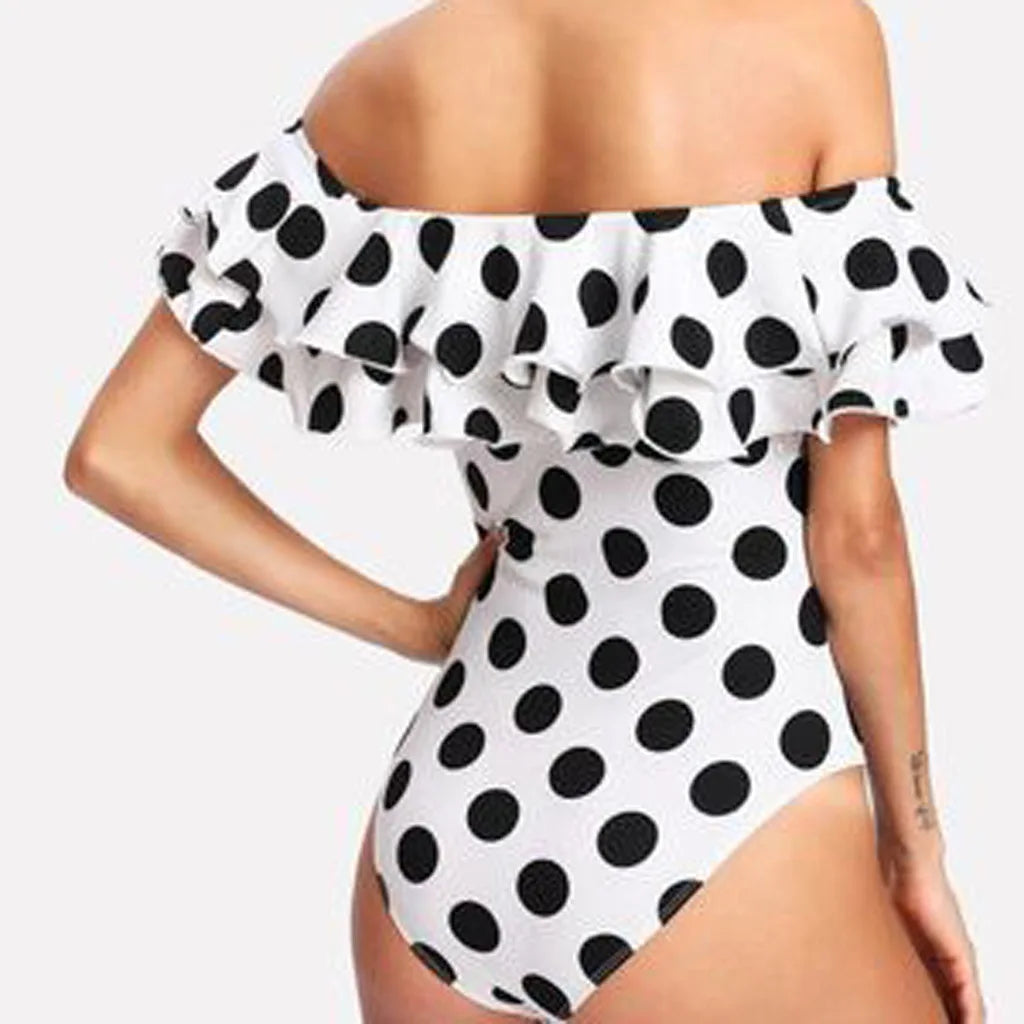 Swimwear- Polka Dot Ruffled Off-Shoulder One-Piece Swimwear Beachwear- - Pekosa Women Fashion