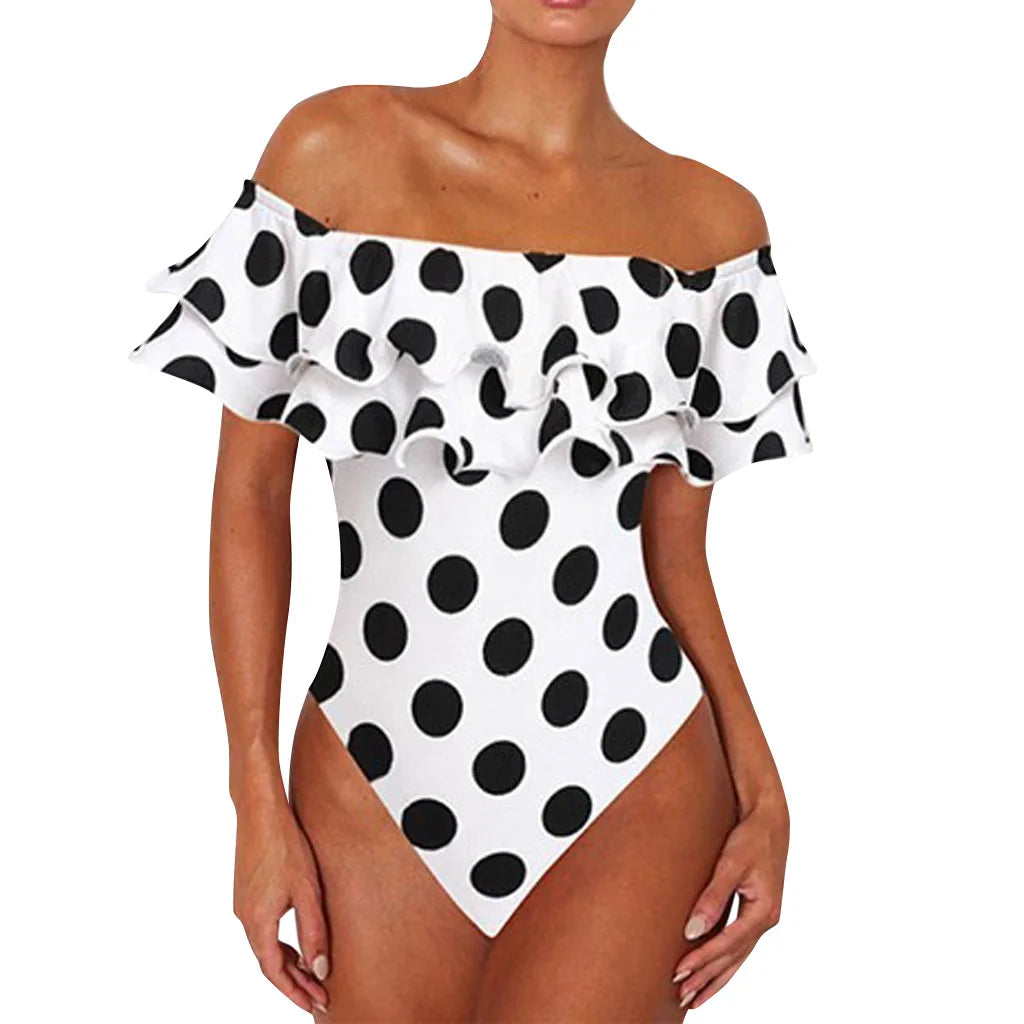 Swimwear- Polka Dot Ruffled Off-Shoulder One-Piece Swimwear Beachwear- - Pekosa Women Fashion