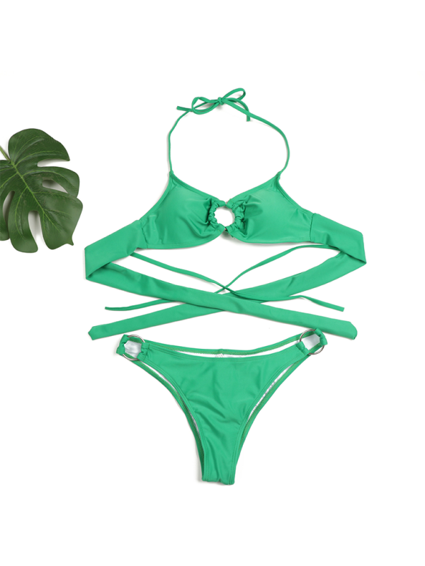 Swimwear- Poolside 2 Piece Ruched String Swimwear & Bra with Linked Rings- - Pekosa Women Fashion