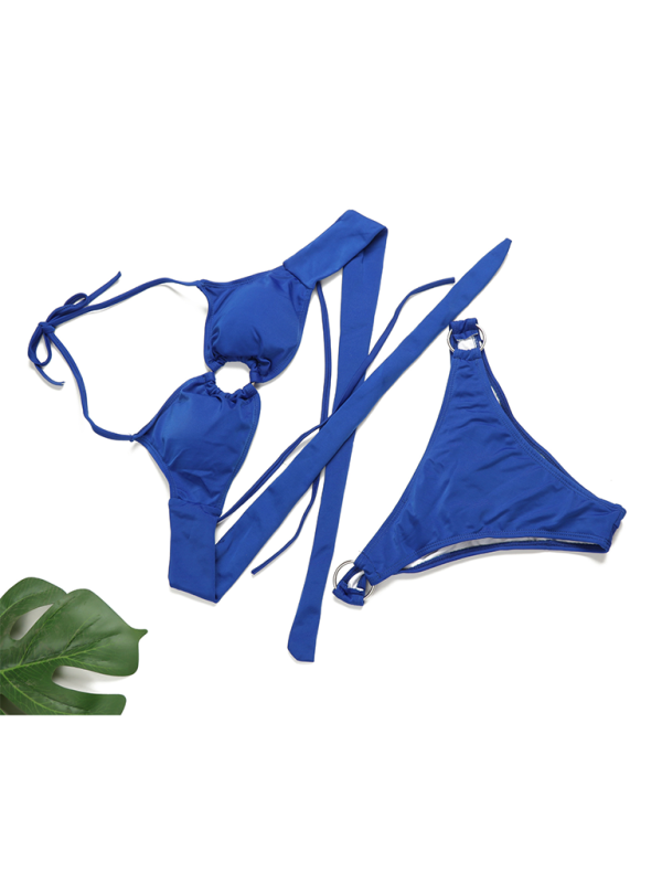 Swimwear- Poolside 2 Piece Ruched String Swimwear & Bra with Linked Rings- - Pekosa Women Fashion