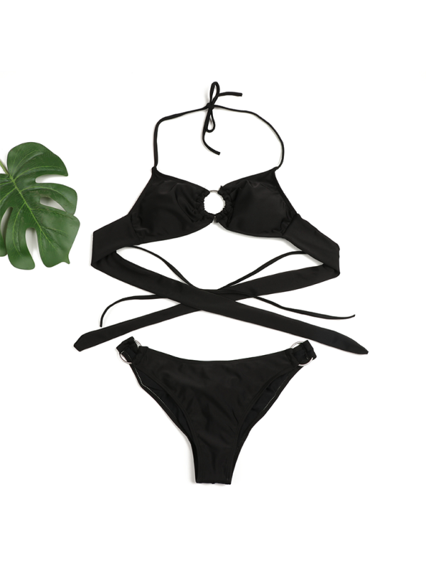 Swimwear- Poolside 2 Piece Ruched String Swimwear & Bra with Linked Rings- - Pekosa Women Fashion