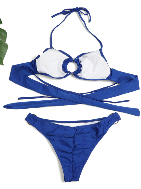 Swimwear- Poolside 2 Piece Ruched String Swimwear & Bra with Linked Rings- - Pekosa Women Fashion