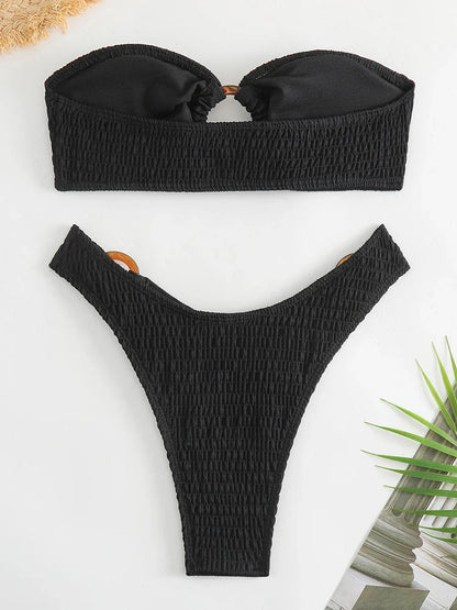 Swimwear- Ring-Linked Beachwear Women's Textured Bandeau Bra & Bikini Set- Black- Pekosa Women Fashion