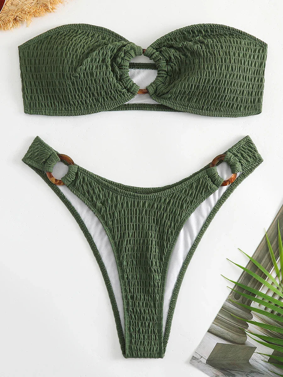 Swimwear- Ring-Linked Beachwear Women's Textured Bandeau Bra & Bikini Set- Dark Green- Pekosa Women Fashion