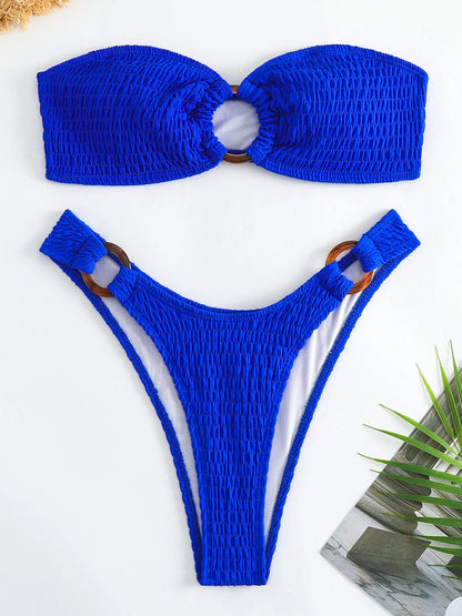 Swimwear- Ring-Linked Beachwear Women's Textured Bandeau Bra & Bikini Set- Royal Blue- Pekosa Women Fashion