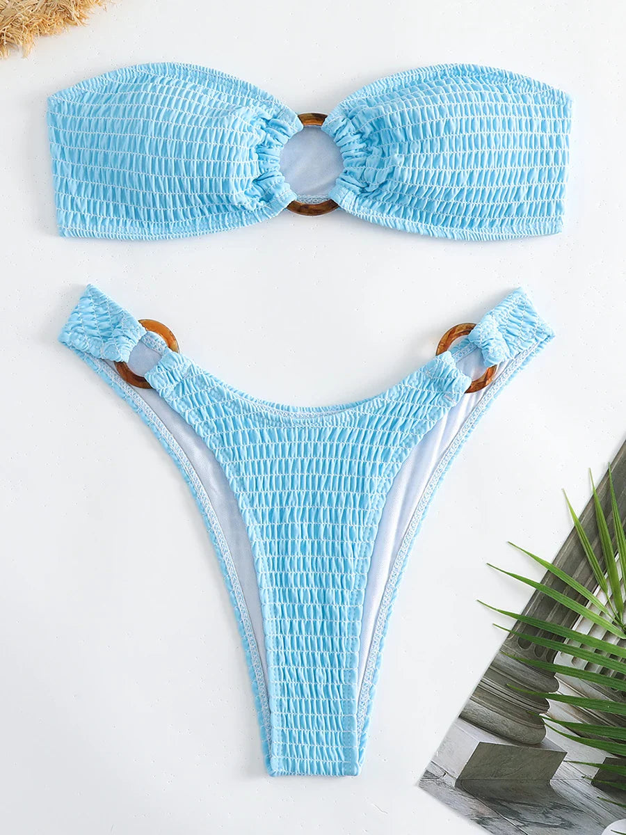 Swimwear- Ring-Linked Beachwear Women's Textured Bandeau Bra & Bikini Set- Sky Blue- Pekosa Women Fashion