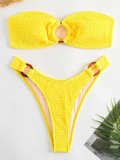 Swimwear- Ring-Linked Beachwear Women's Textured Bandeau Bra & Bikini Set- Yellow- Pekosa Women Fashion