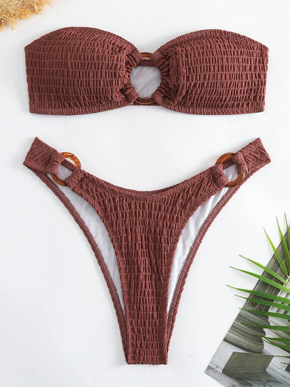 Swimwear- Ring-Linked Beachwear Women's Textured Bandeau Bra & Bikini Set- Coffee- Pekosa Women Fashion