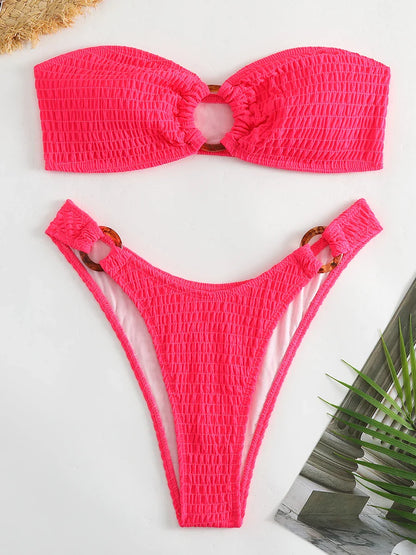 Swimwear- Ring-Linked Beachwear Women's Textured Bandeau Bra & Bikini Set- Hot Pink- Pekosa Women Fashion