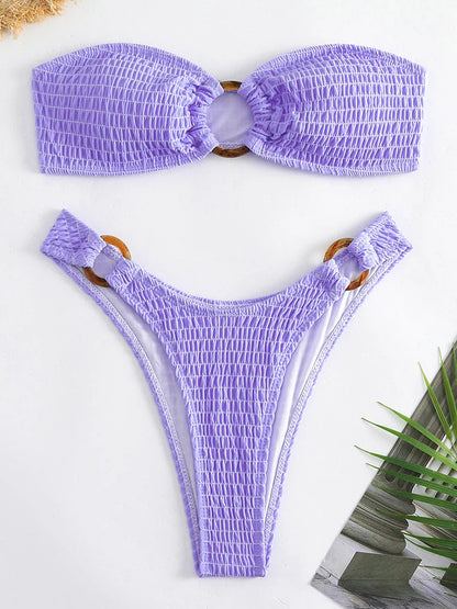 Swimwear- Ring-Linked Beachwear Women's Textured Bandeau Bra & Bikini Set- Purple Lilac- Pekosa Women Fashion