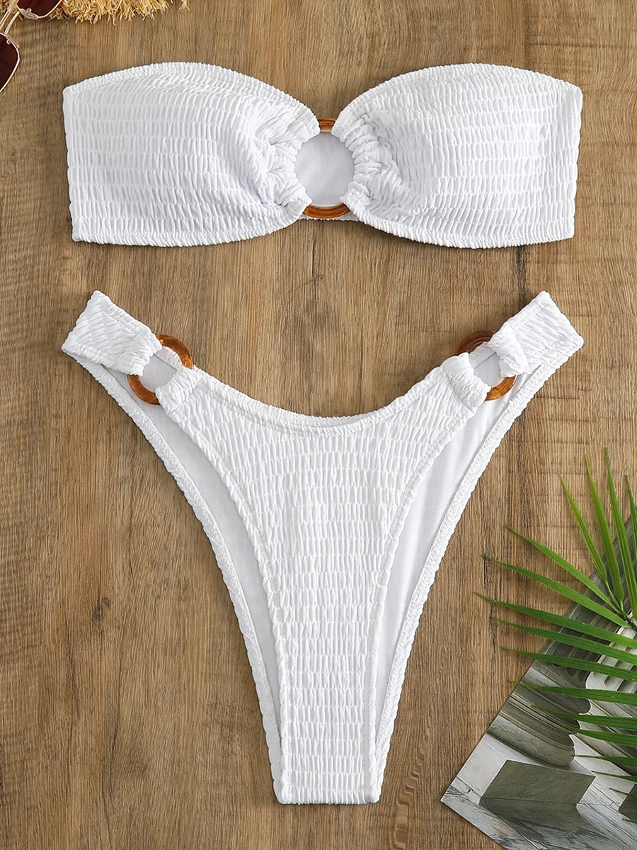 Swimwear- Ring-Linked Beachwear Women's Textured Bandeau Bra & Bikini Set- White- Pekosa Women Fashion