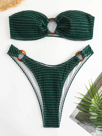 Swimwear- Ring-Linked Beachwear Women's Textured Bandeau Bra & Bikini Set- Green Stripe- Pekosa Women Fashion