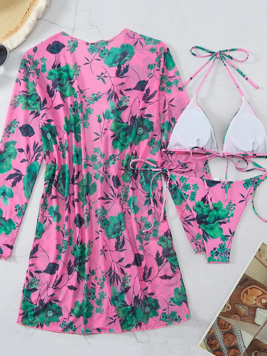 Swimwear- Romantic Floral Elegant 3-Piece Swimwear for Sun-Kissed Days- - Pekosa Women Fashion