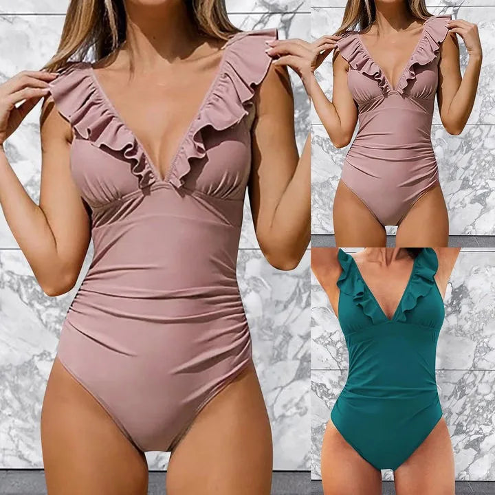 Swimwear- Ruffle V-Neck One-Piece Swimsuit for Beach Days- - Chuzko Women Clothing