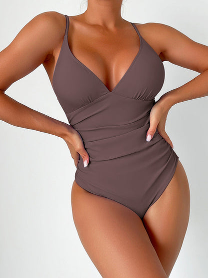 Swimwear- Sculpted Silhouette Tummy Control Solid Ruched One-Piece Swimwear- Coffee- Pekosa Women Fashion