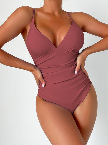 Swimwear- Sculpted Silhouette Tummy Control Solid Ruched One-Piece Swimwear- Dark Red- Pekosa Women Fashion