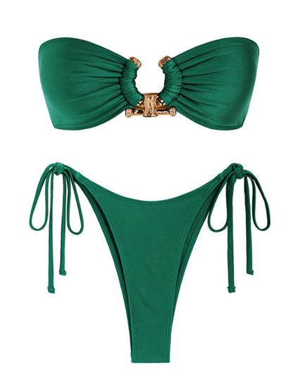 Maillot de bain 2 pièces brillant à anneaux - Soutien-gorge tube bandeau et bikini noué sur le côté