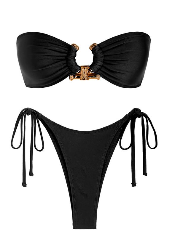 Maillot de bain 2 pièces brillant à anneaux - Soutien-gorge tube bandeau et bikini noué sur le côté