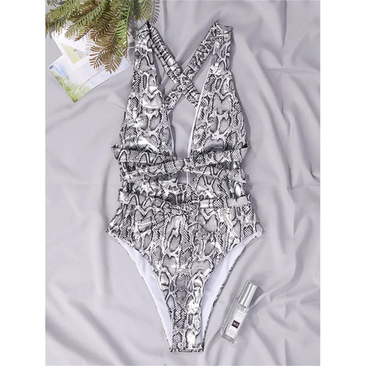 Swimwear - Snake Skin Print One-Piece Swimsuit for Summer Fun