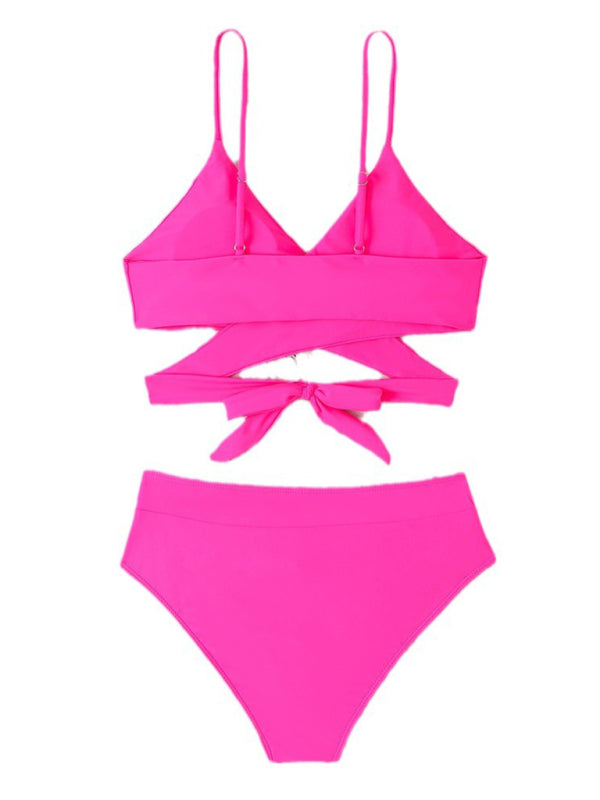 Swimwear- Solid 2 Piece Swimsuit - Wireless Crossover Bra & High-Waist Bikini- - Pekosa Women Fashion