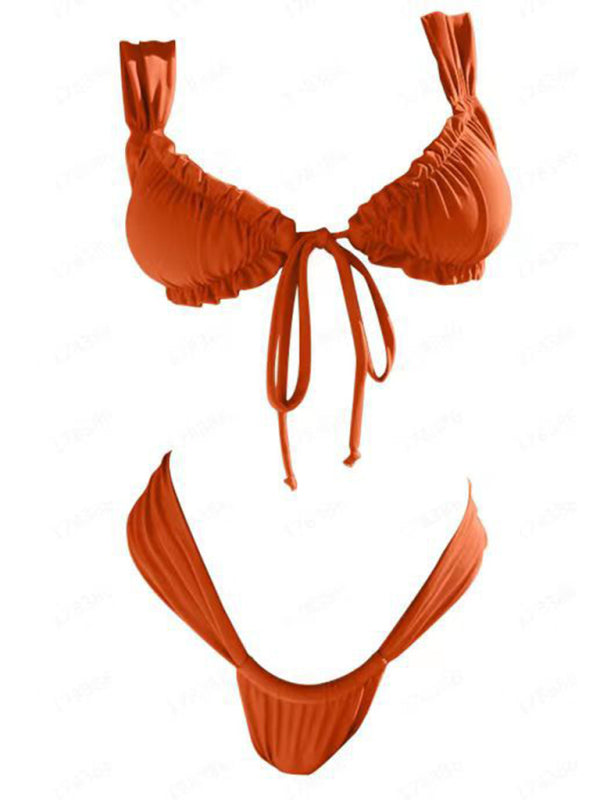 Solid Frill 2-Piece Swimsuit Set - Triangle Bra & Micro Bikini