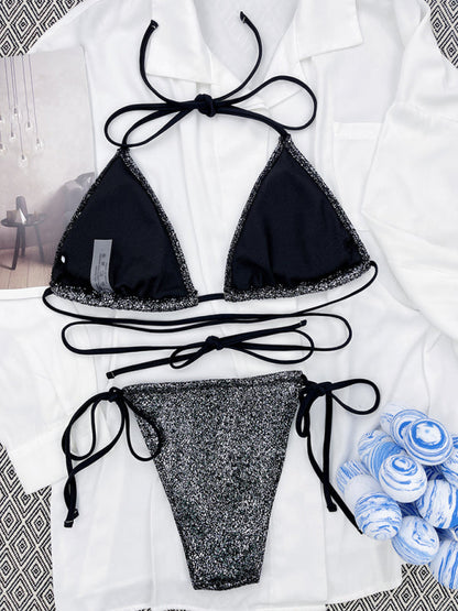 Maillot de bain string 2 pièces Sparkle - Soutien-gorge triangle et bikini noué sur le côté