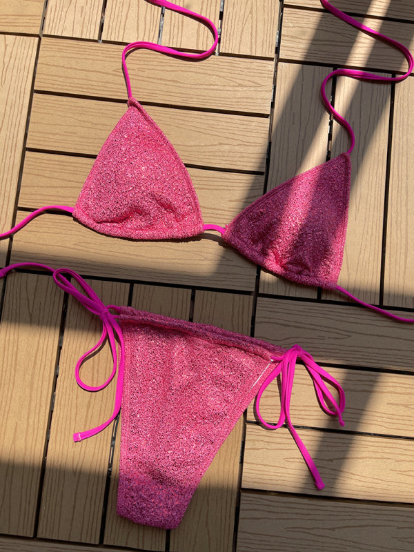 Glitzernder zweiteiliger String-Badeanzug – Triangel-BH und seitlich gebundener Bikini