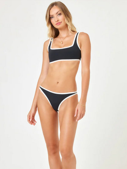 Swimwear- Sporty Bra & Low-Waist Bikini Set in Contrast Binding- - Pekosa Women Fashion