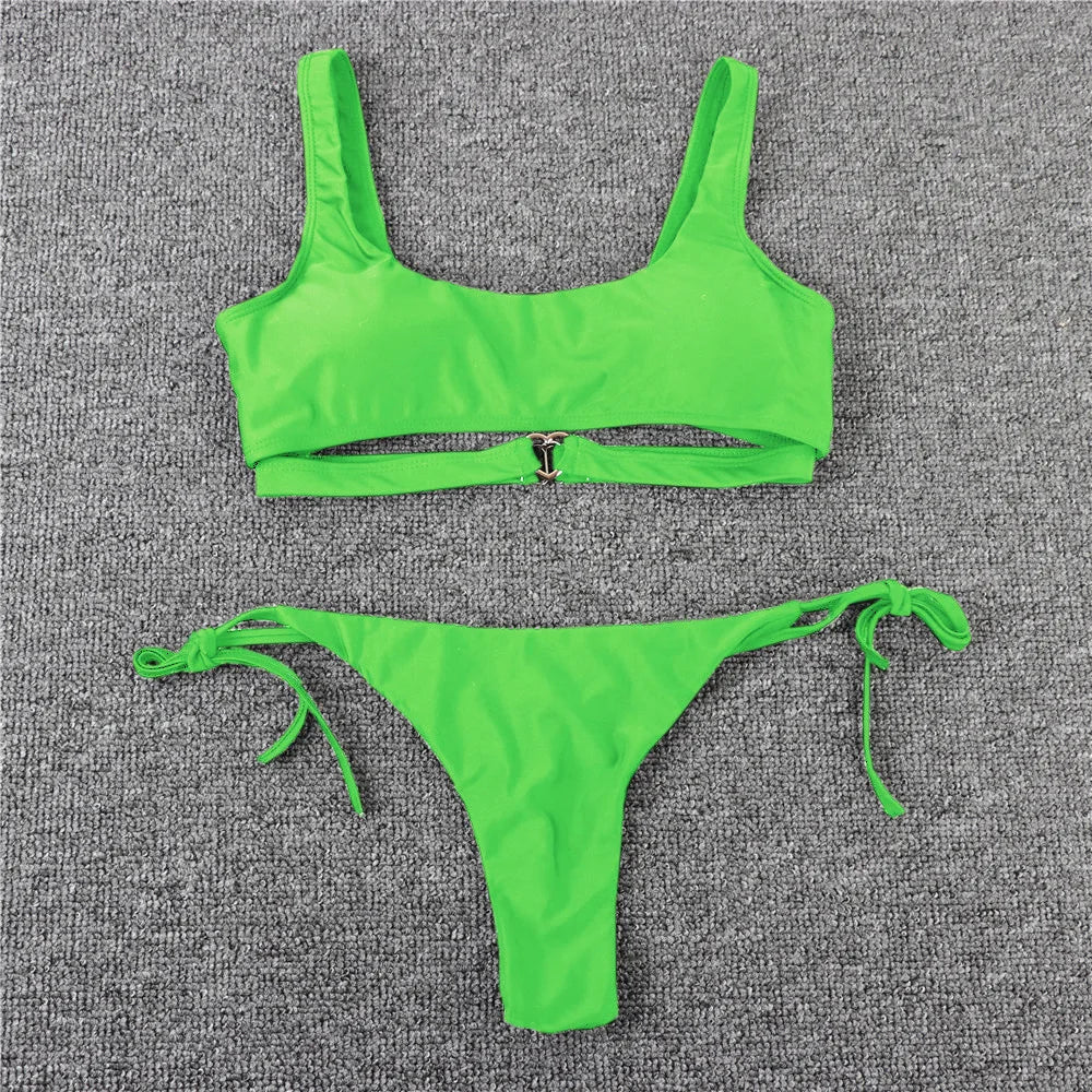 Swimwear- Sporty Bra String 2-Piece Swimwear Tie-Side Micro Bikini- - Pekosa Women Fashion