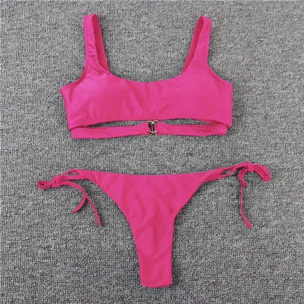 Swimwear- Sporty Bra String 2-Piece Swimwear Tie-Side Micro Bikini- - Pekosa Women Fashion