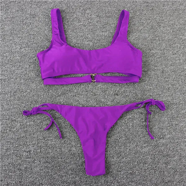 Swimwear- Sporty Bra String 2-Piece Swimwear Tie-Side Micro Bikini- - Pekosa Women Fashion