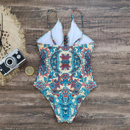 Swimwear- Sporty Tropical Print Wireless Padded Bra Swimsuit for the Beach- - Pekosa Women Clothing