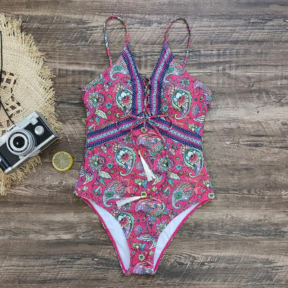 Swimwear- Sporty Tropical Print Wireless Padded Bra Swimsuit for the Beach- - Pekosa Women Clothing