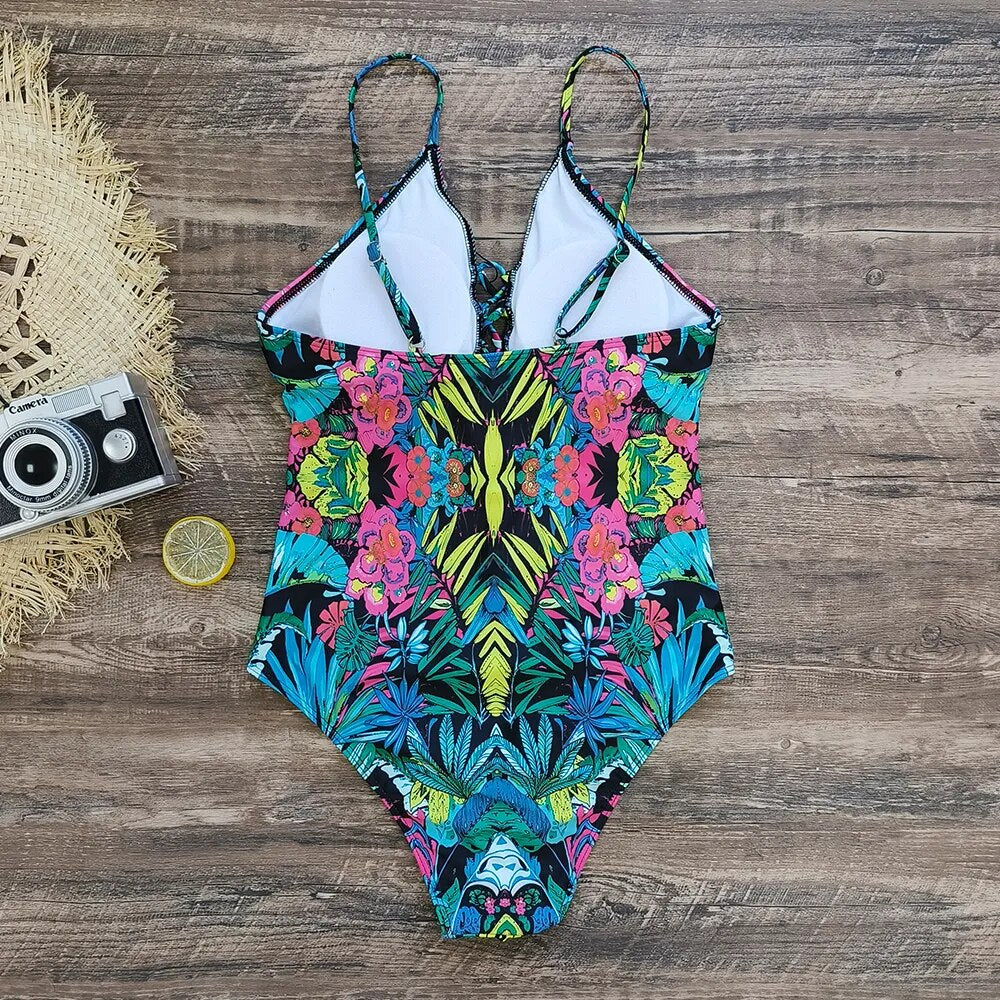 Swimwear- Sporty Tropical Print Wireless Padded Bra Swimsuit for the Beach- - Pekosa Women Clothing