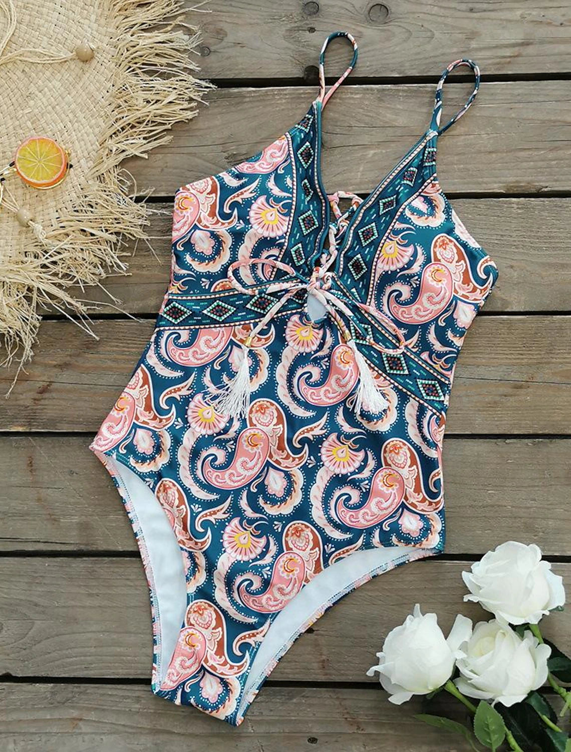 Swimwear- Sporty Tropical Print Wireless Padded Bra Swimsuit for the Beach- - Pekosa Women Clothing