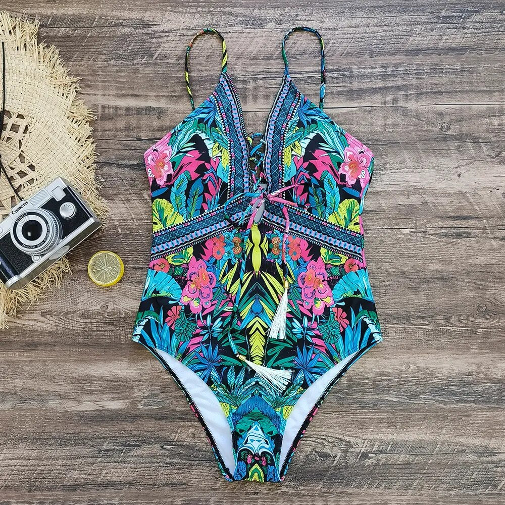 Swimwear- Sporty Tropical Print Wireless Padded Bra Swimsuit for the Beach- - Pekosa Women Clothing