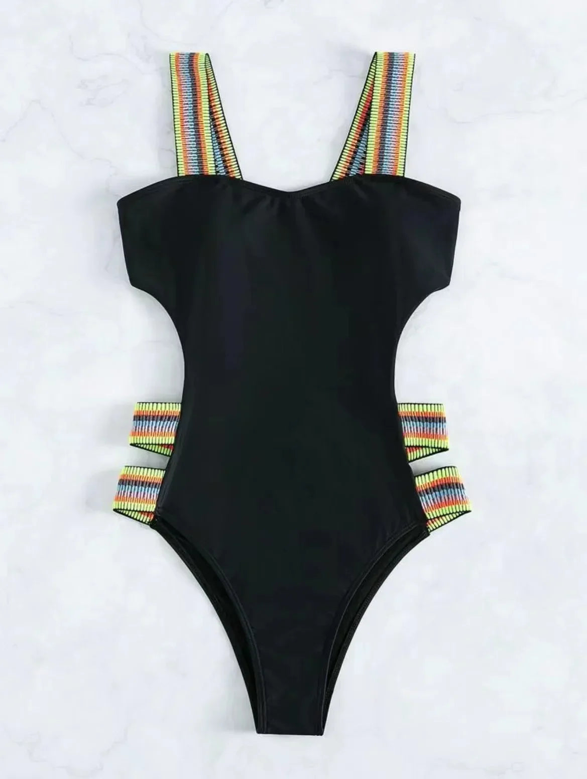 Swimwear- Strappy Solid Cutout One Piece Swimsuit with Colorful Straps for Women- - Pekosa Women Fashion