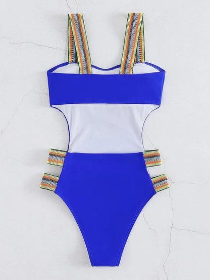 Swimwear- Strappy Solid Cutout One Piece Swimsuit with Colorful Straps for Women- - Pekosa Women Fashion