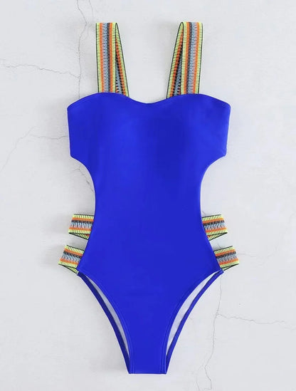 Swimwear- Strappy Solid Cutout One Piece Swimsuit with Colorful Straps for Women- - Pekosa Women Fashion