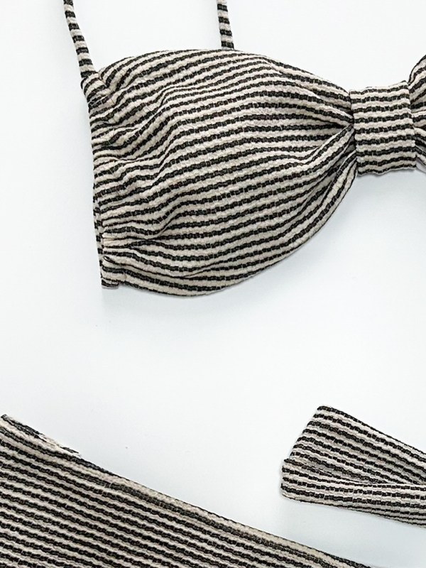 Stripe Micro Bikini with Skirt Cover-Up Three-Piece Swimwear