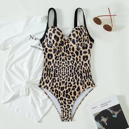 Swimwear- Summer Leopard Print Underwire Push-Up One-Piece Swimwear- - Pekosa Women Fashion