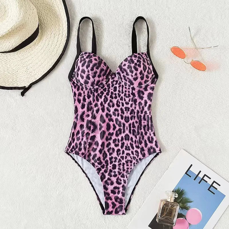 Swimwear- Summer Leopard Print Underwire Push-Up One-Piece Swimwear- - Pekosa Women Fashion